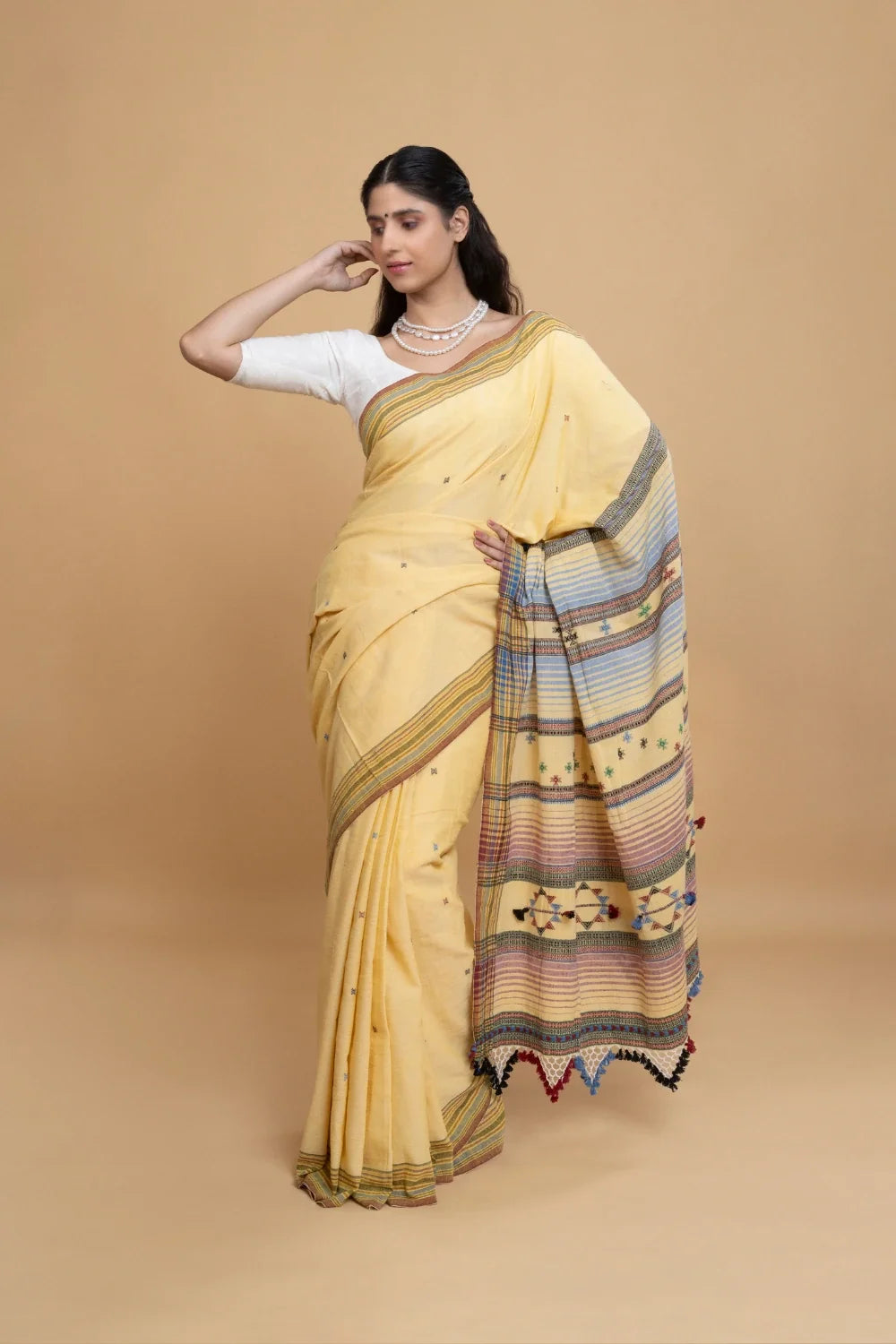 Light Spring Bhujodi saree, butter yellow organic Kala cotton with pastel stripe pallu and tassel fringe