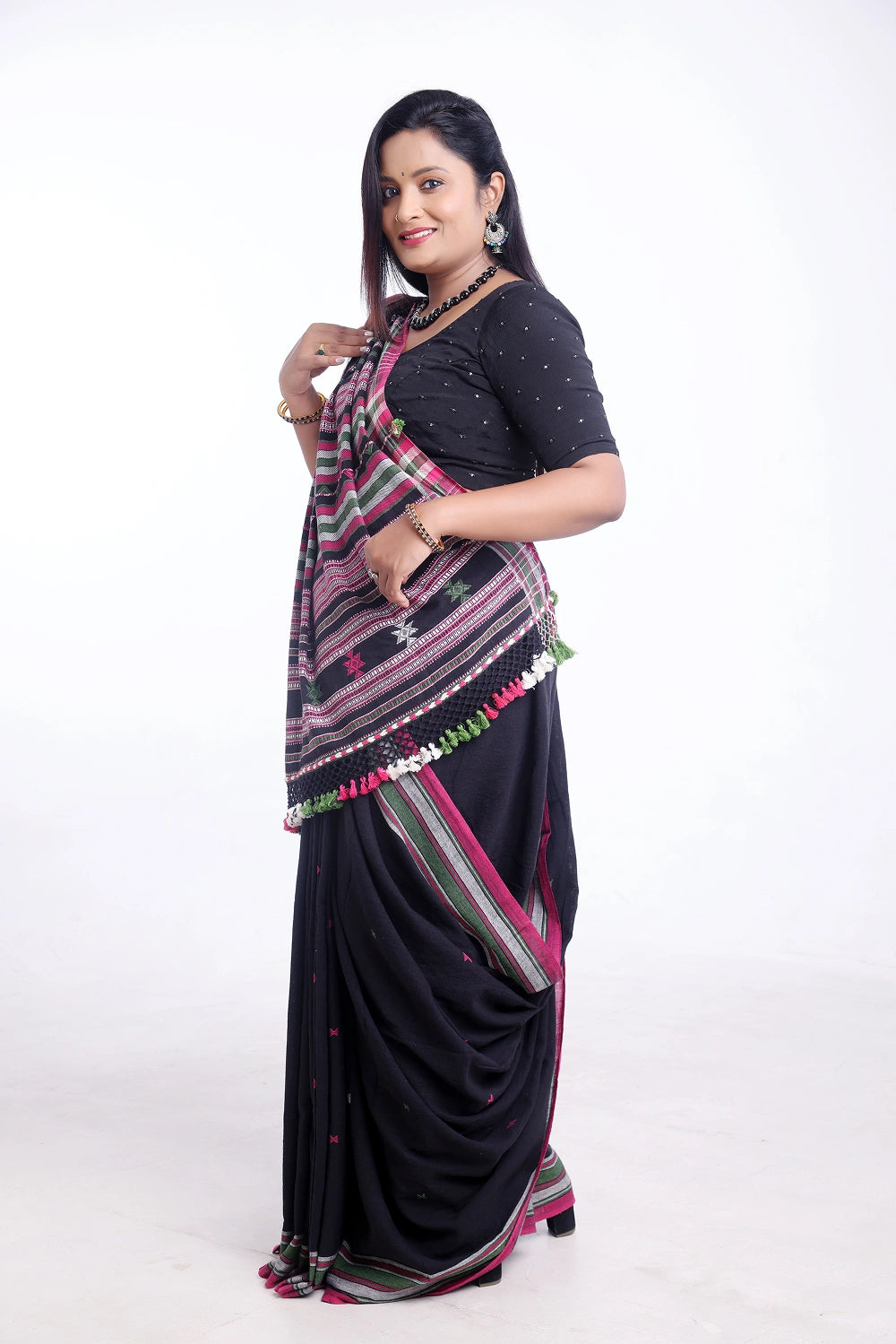 Black with Pink and Green Bhujodi Saree with White Highlights – Handwoven in Organic Kala Cotton