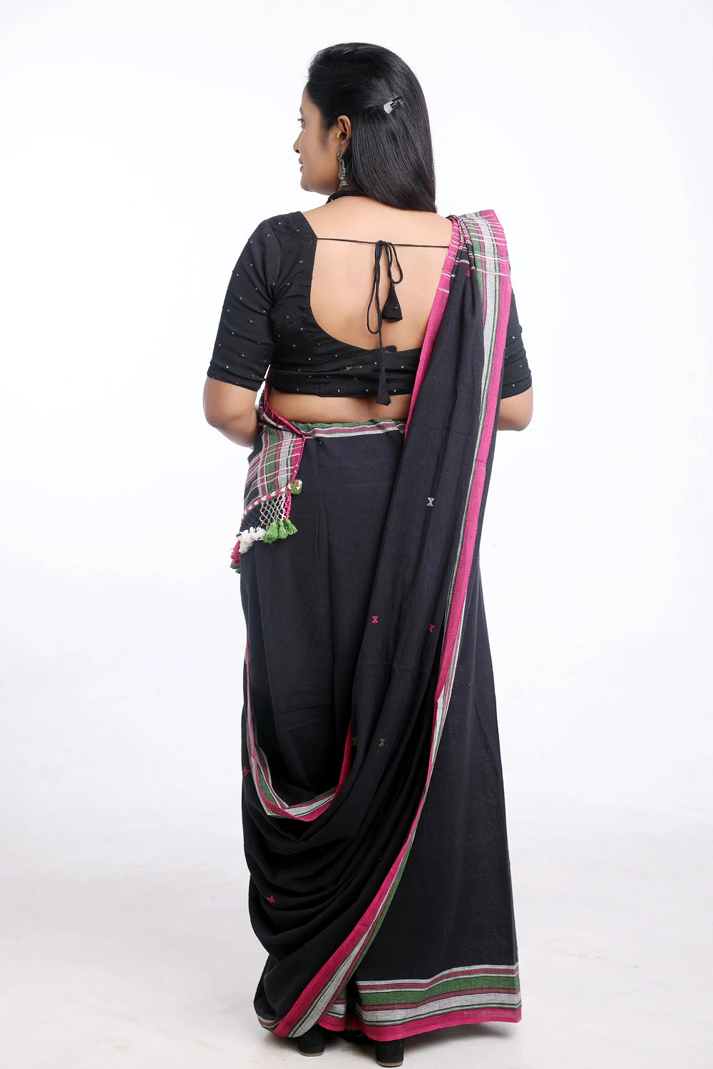 Black with Pink and Green Bhujodi Saree with Green Highlights – Handwoven in Organic Kala Cotton