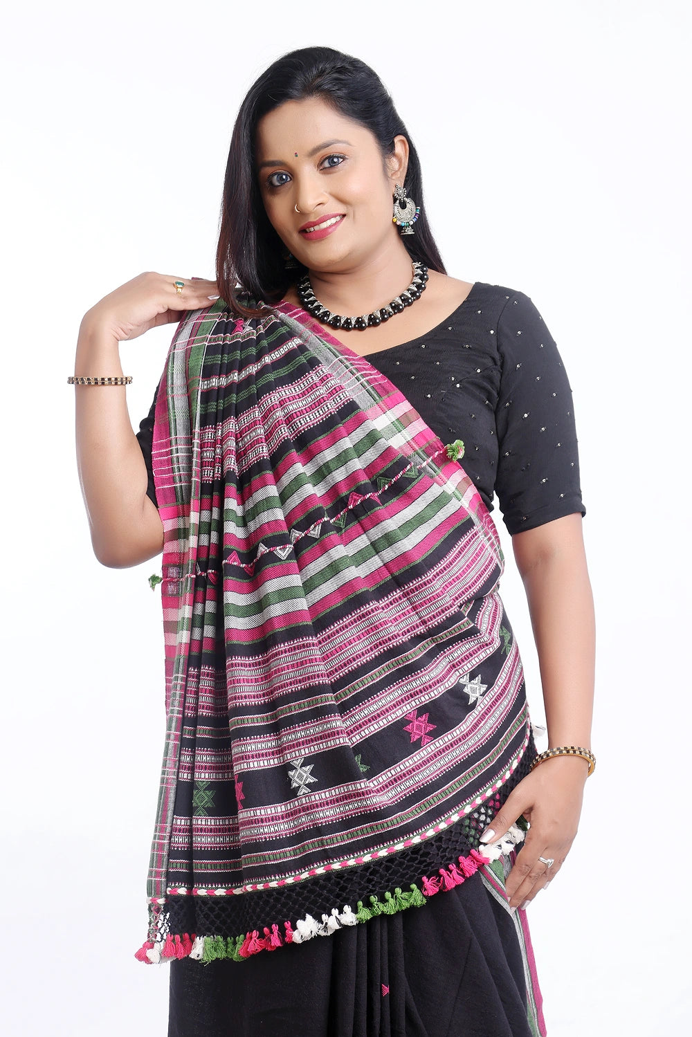 Black with Pink and Green Bhujodi Saree with White Highlights – Handwoven in Organic Kala Cotton