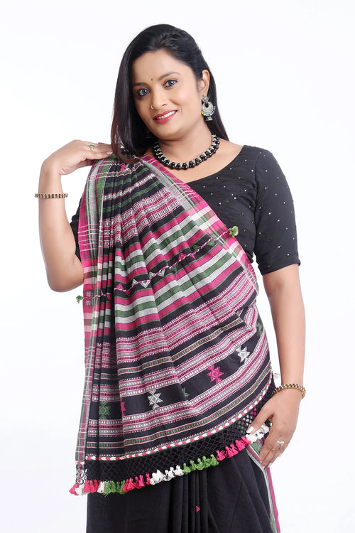 Black with Pink and Green Bhujodi Saree with Green Highlights – Handwoven in Organic Kala Cotton