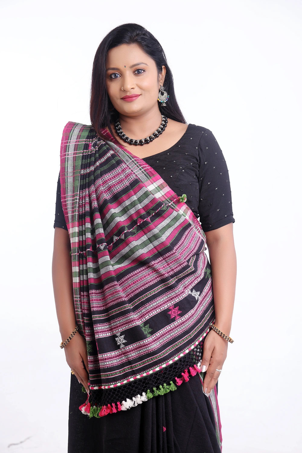 Black with Pink and Green Bhujodi Saree with Green Highlights – Handwoven in Organic Kala Cotton