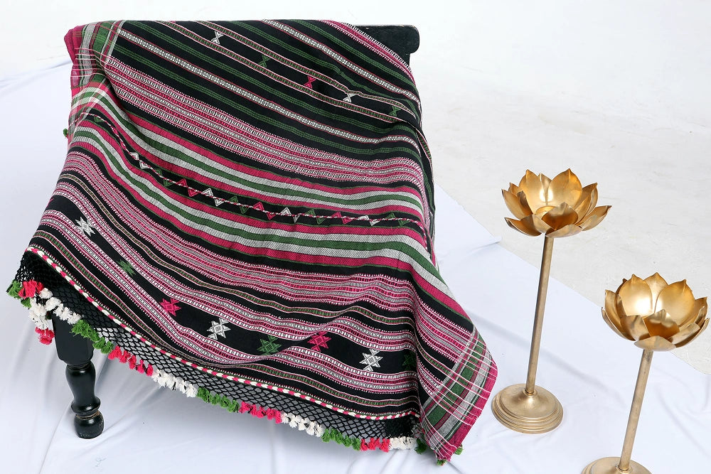 Black with Pink and Green Bhujodi Saree with White Highlights – Handwoven in Organic Kala Cotton