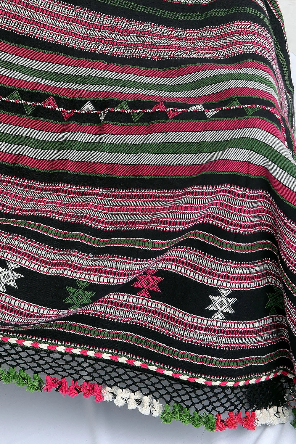 Black with Pink and Green Bhujodi Saree with Green Highlights – Handwoven in Organic Kala Cotton