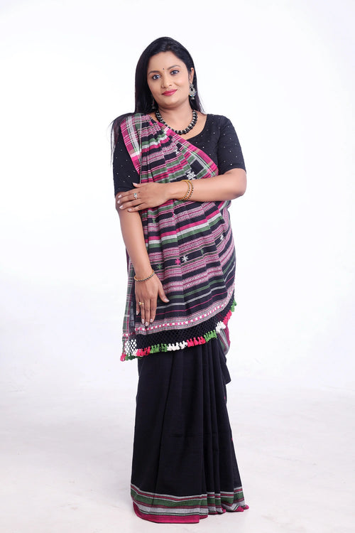 Black with Pink and Green Bhujodi Saree with Green Highlights – Handwoven in Organic Kala Cotton