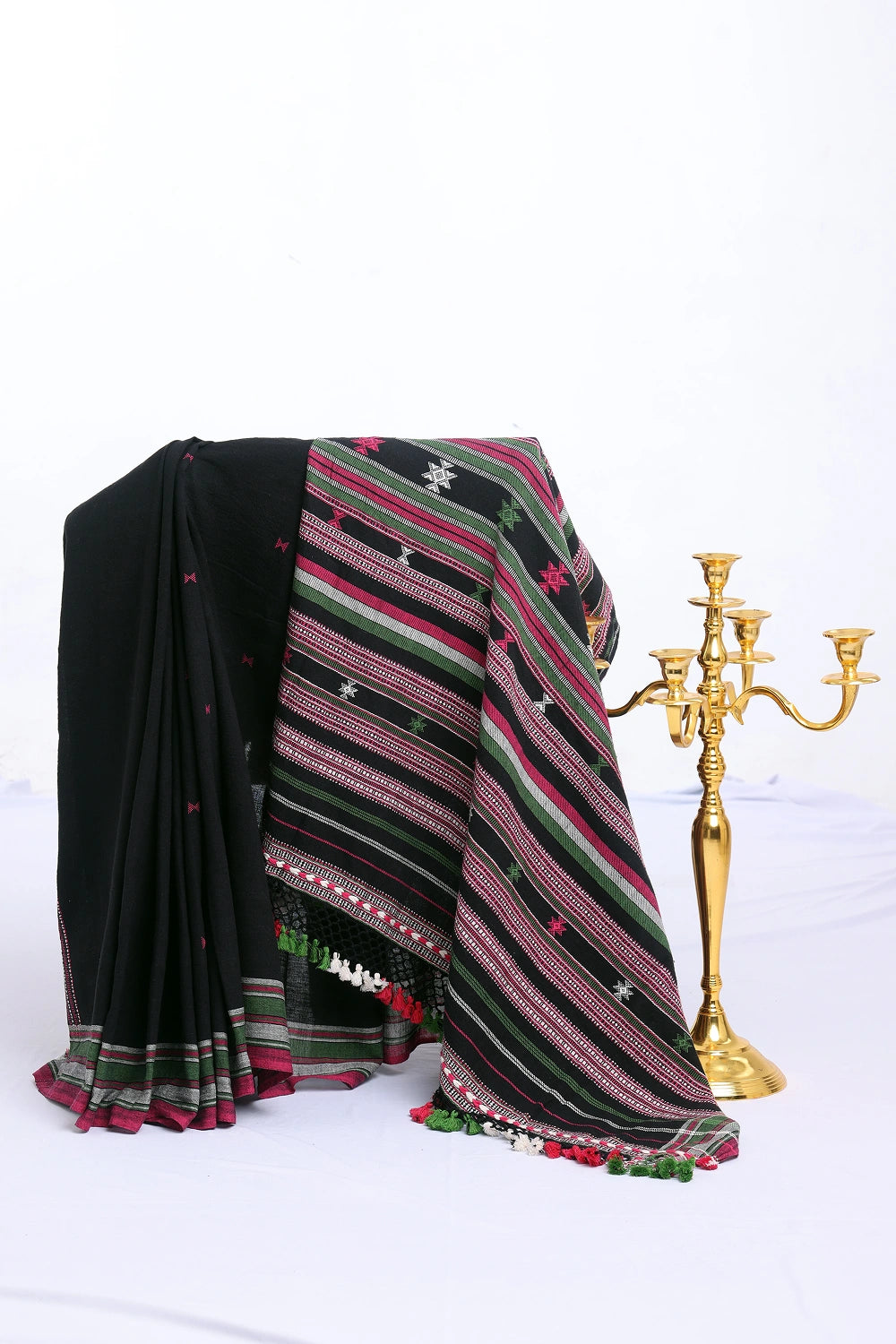 Black with Pink and Green Bhujodi Saree with Green Highlights – Handwoven in Organic Kala Cotton
