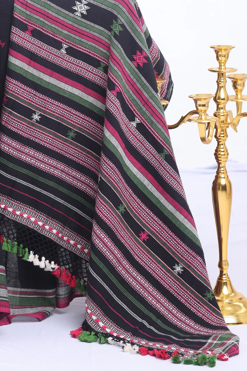 Black with Pink and Green Bhujodi Saree with Green Highlights – Handwoven in Organic Kala Cotton