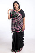 Black with Green and Pink Bhujodi Saree with White Highlights – Handwoven in Organic Kala Cotton