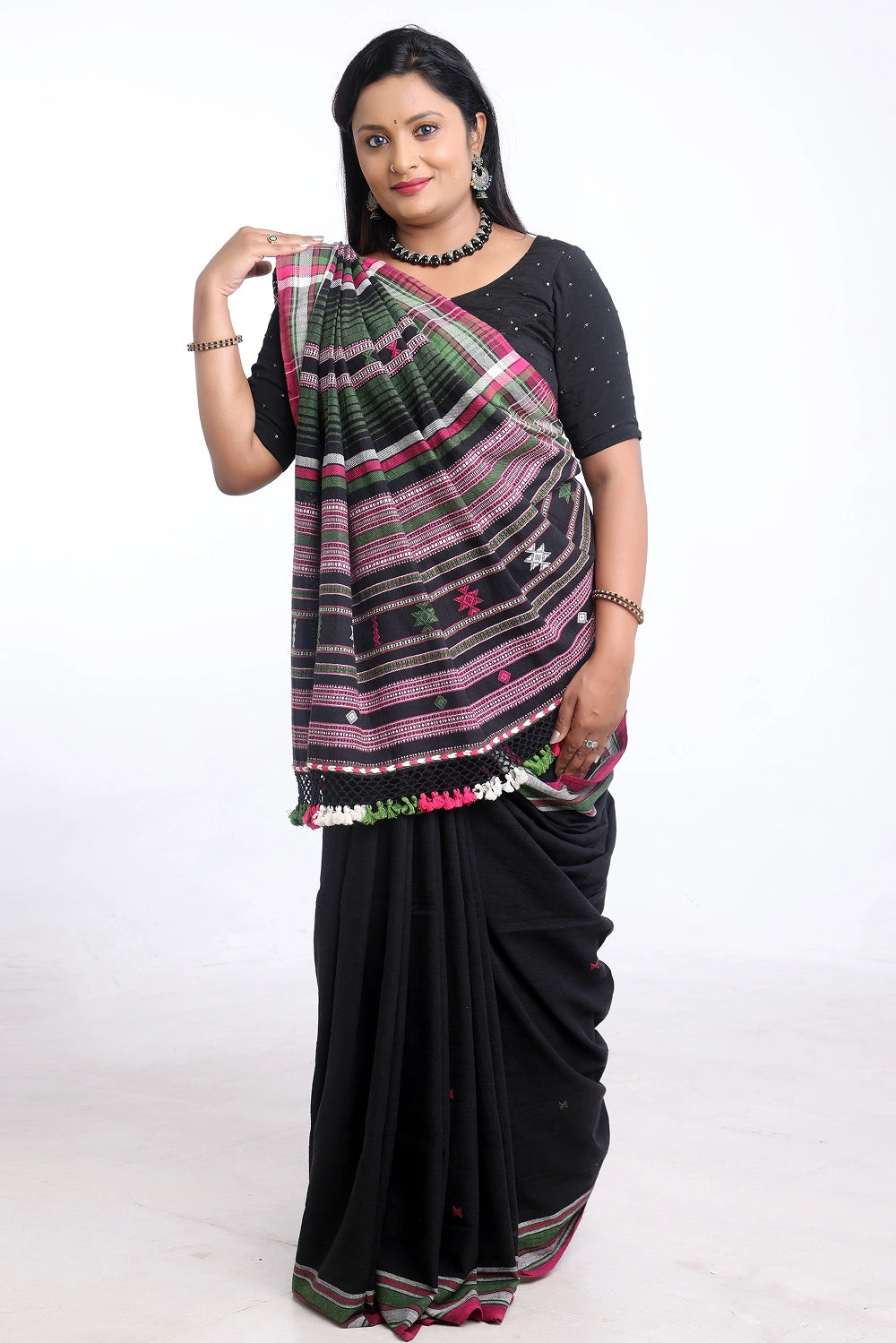 Black with Green and Pink Bhujodi Saree with White Highlights – Handwoven in Organic Kala Cotton