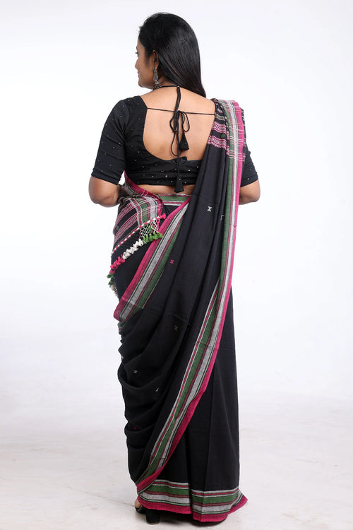 Black with Green and Pink Bhujodi Saree with White Highlights – Handwoven in Organic Kala Cotton