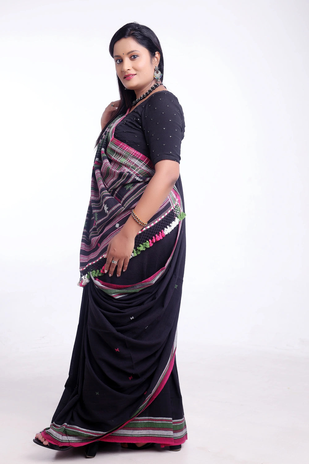 Black with Pink and Green Bhujodi Saree with Green Highlights – Handwoven in Organic Kala Cotton