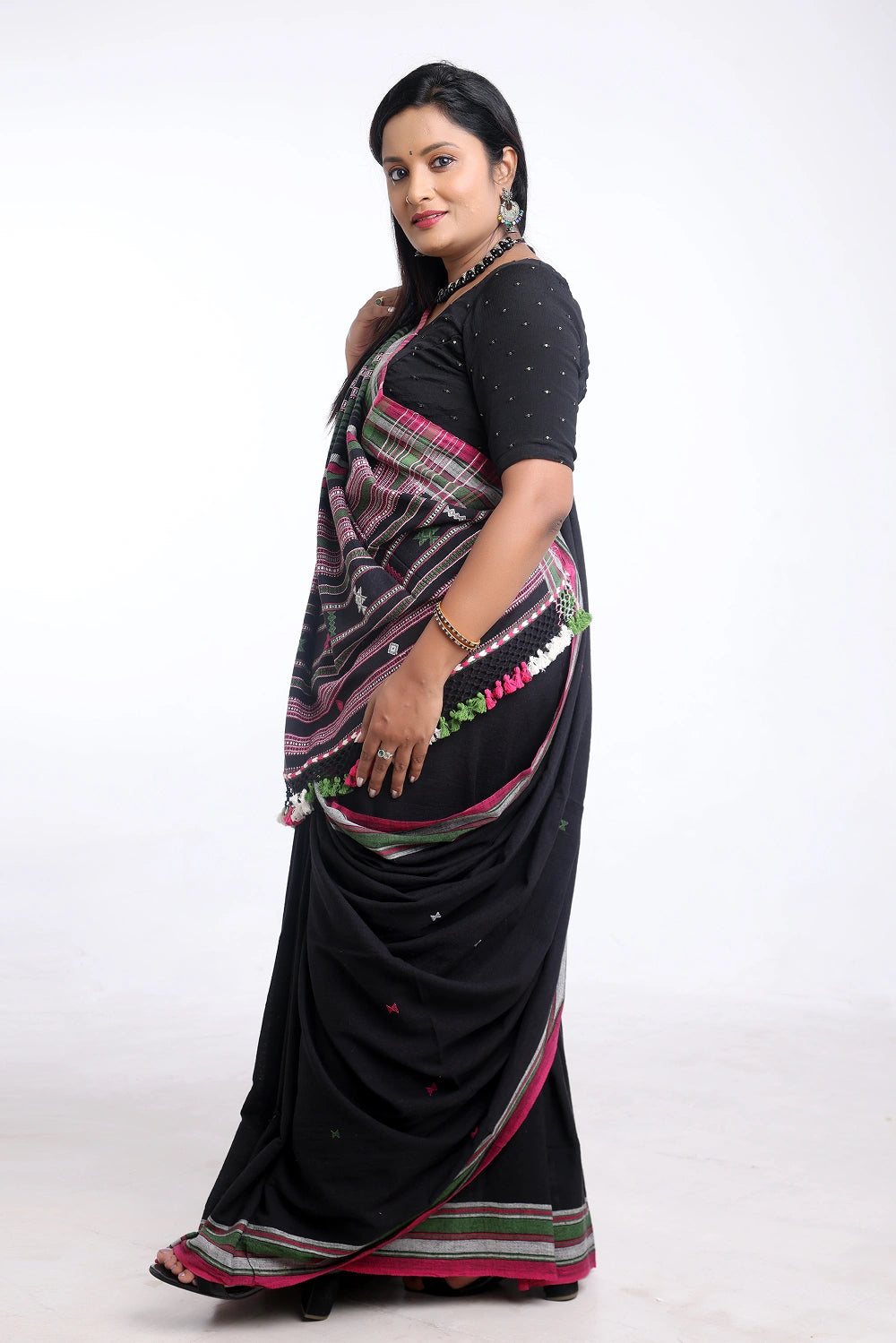 Black with Green and Pink Bhujodi Saree with White Highlights – Handwoven in Organic Kala Cotton