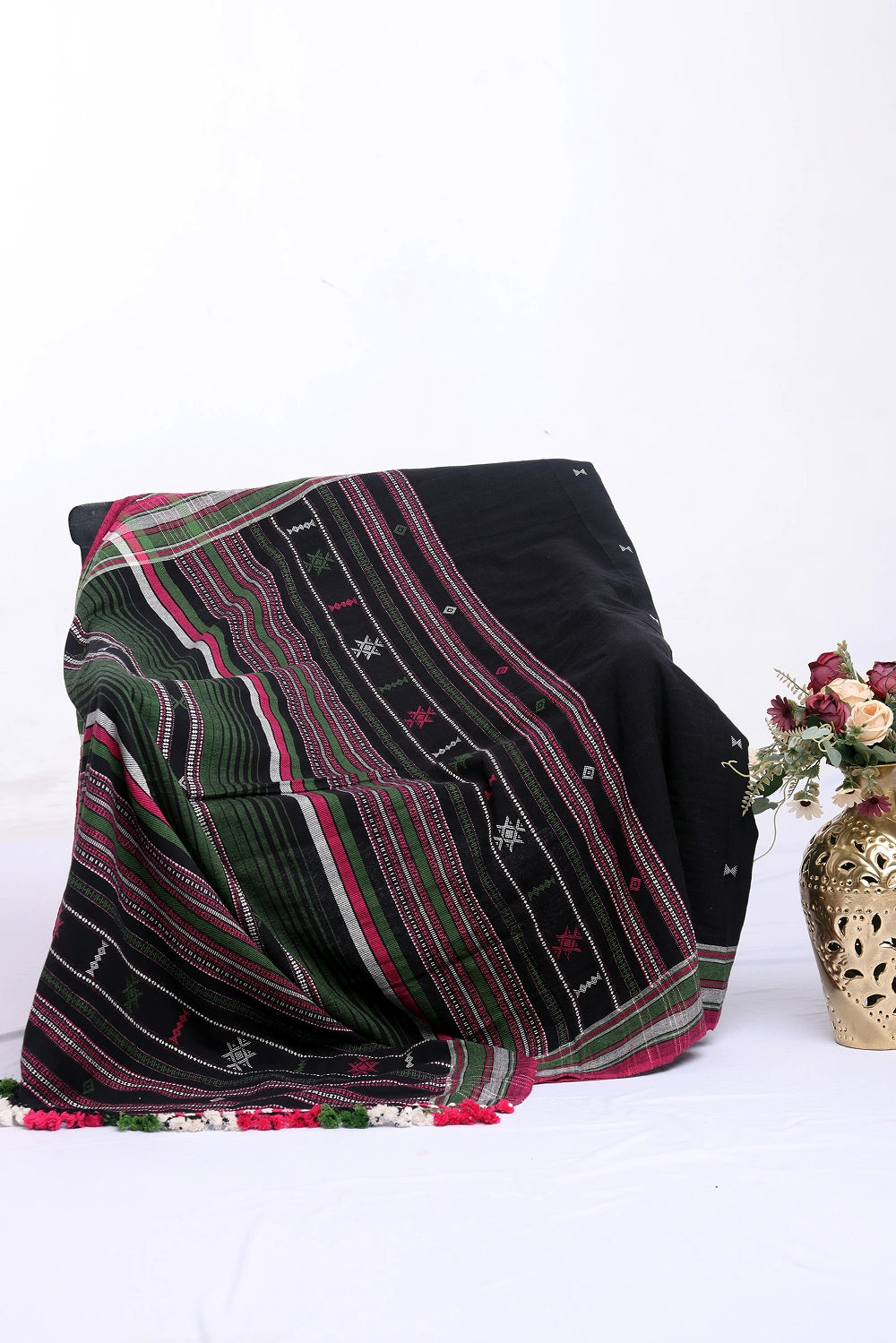 Black with Green and Pink Bhujodi Saree with White Highlights – Handwoven in Organic Kala Cotton