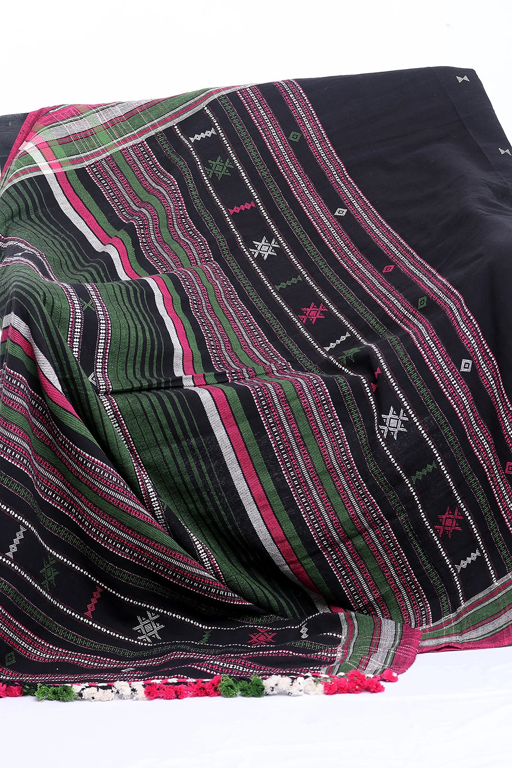 Black with Green and Pink Bhujodi Saree with White Highlights – Handwoven in Organic Kala Cotton
