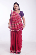 Red with Yellow Bhujodi Saree with Green Highlights – Handwoven in Organic Kala Cotton