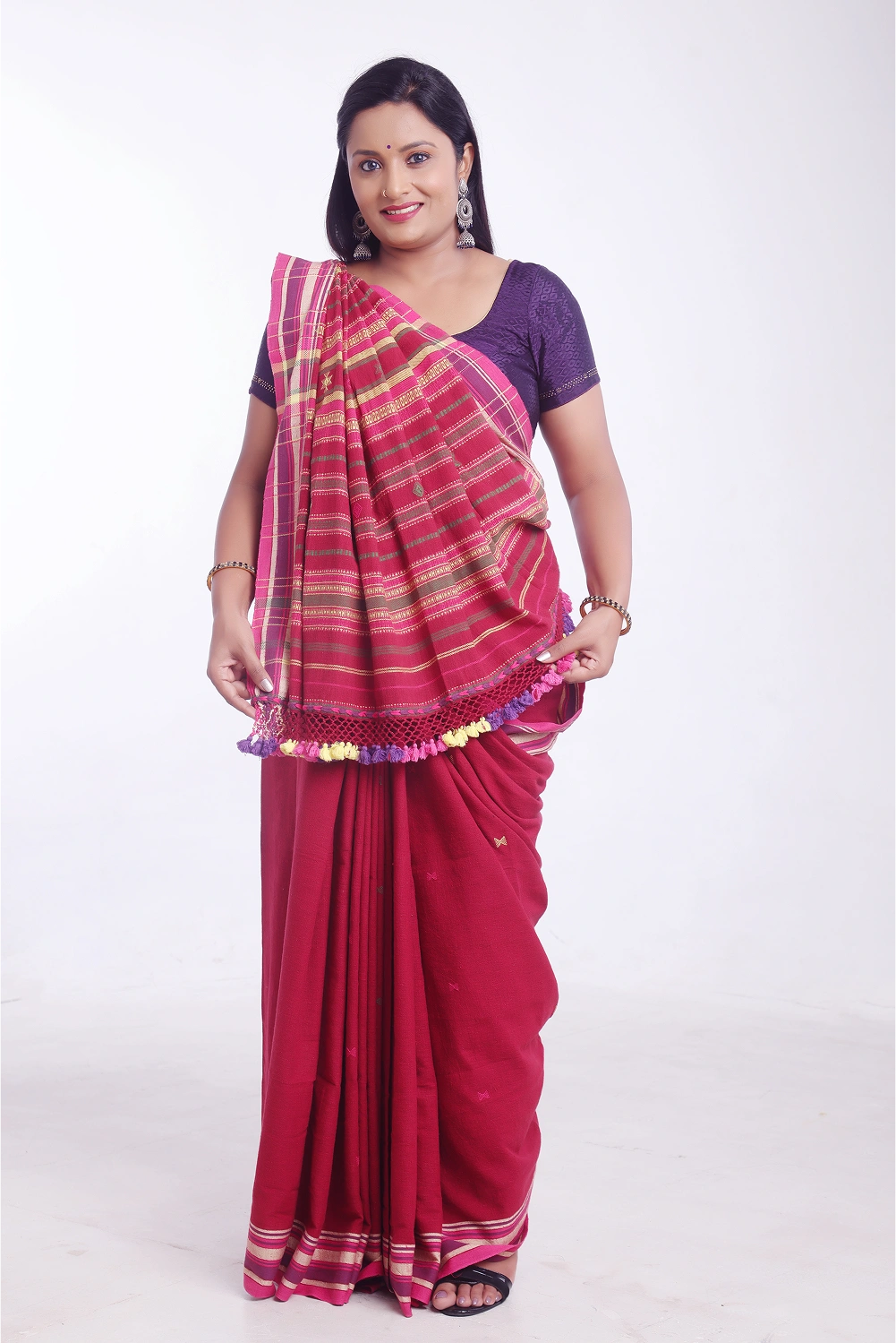 Red with Yellow Bhujodi Saree with Green Highlights – Handwoven in Organic Kala Cotton
