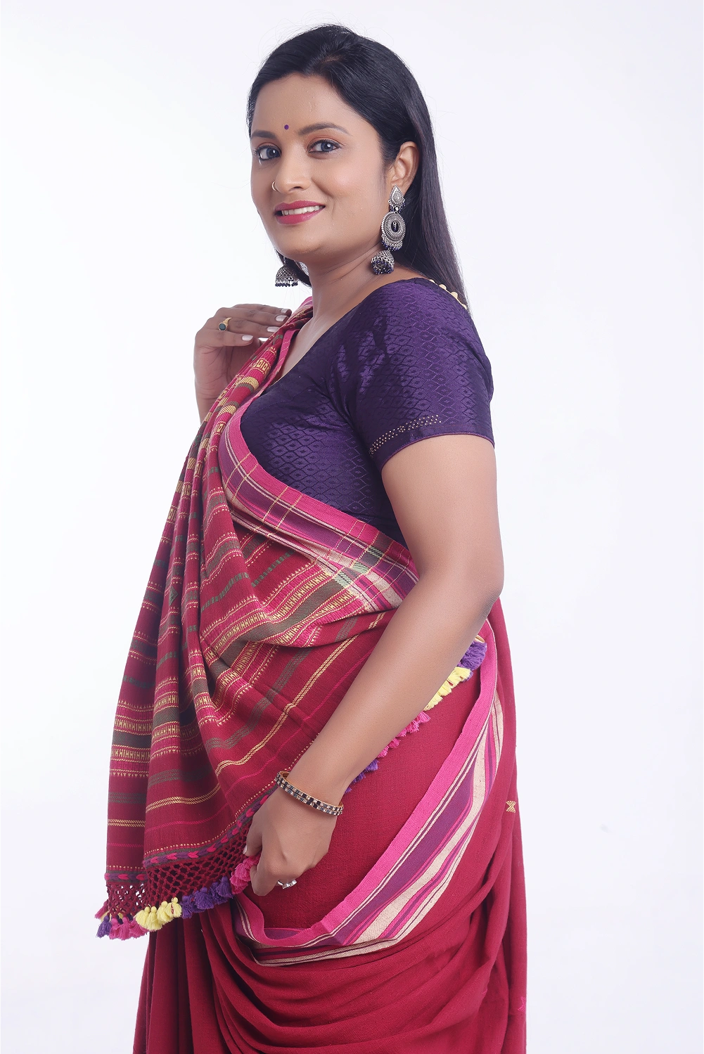 Red with Yellow Bhujodi Saree with Green Highlights – Handwoven in Organic Kala Cotton