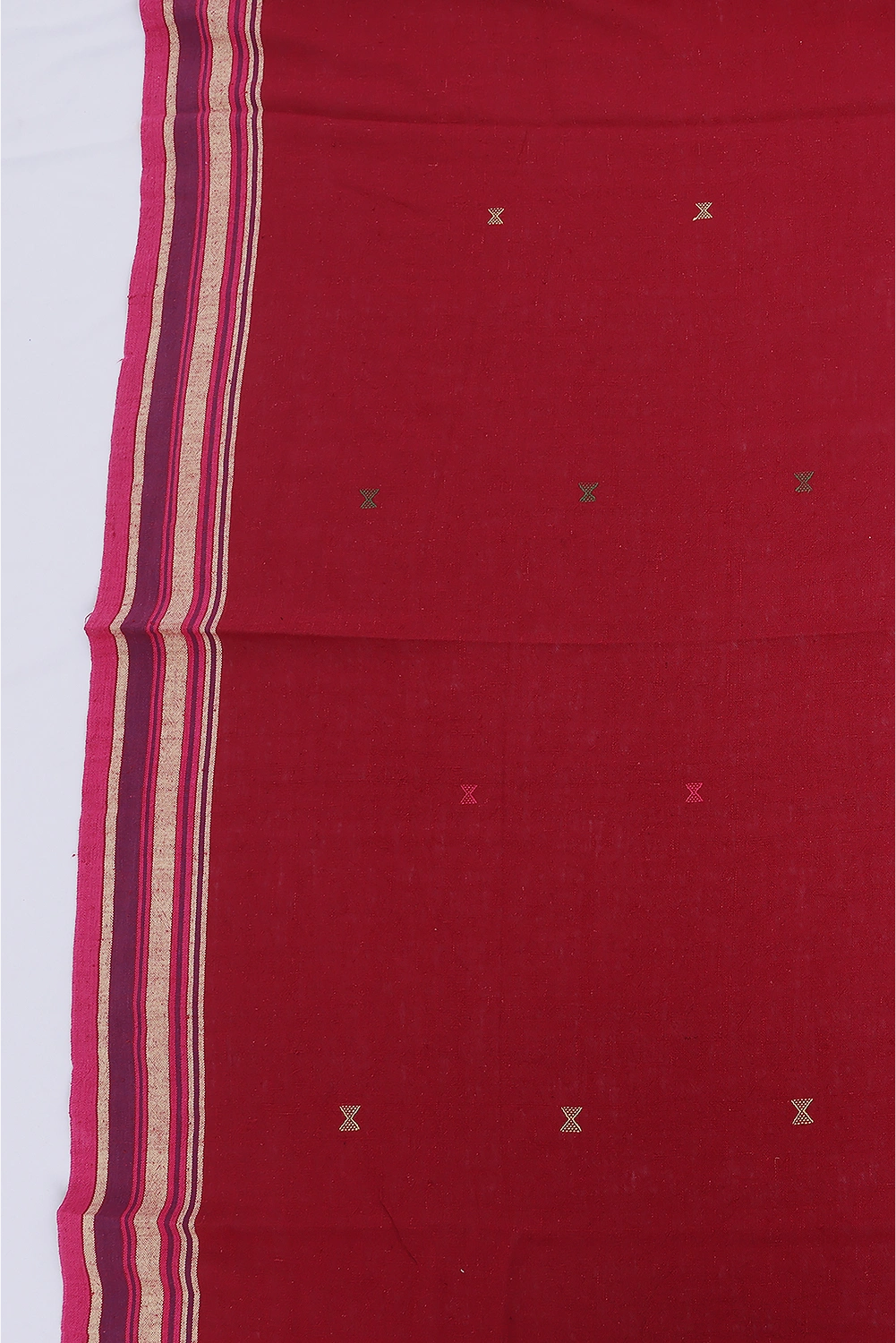 Red with Yellow Bhujodi Saree with Green Highlights – Handwoven in Organic Kala Cotton
