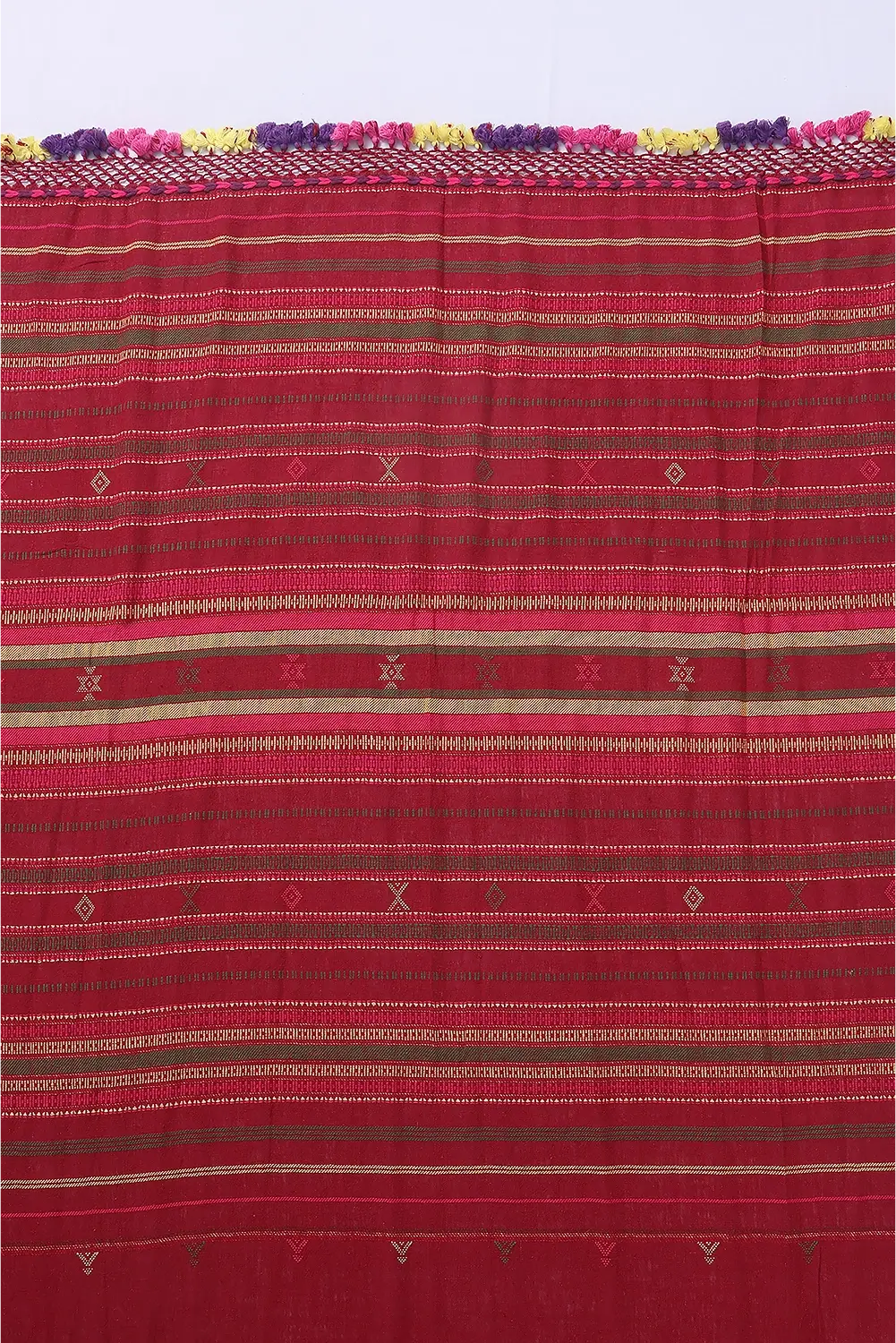 Red with Yellow Bhujodi Saree with Green Highlights – Handwoven in Organic Kala Cotton