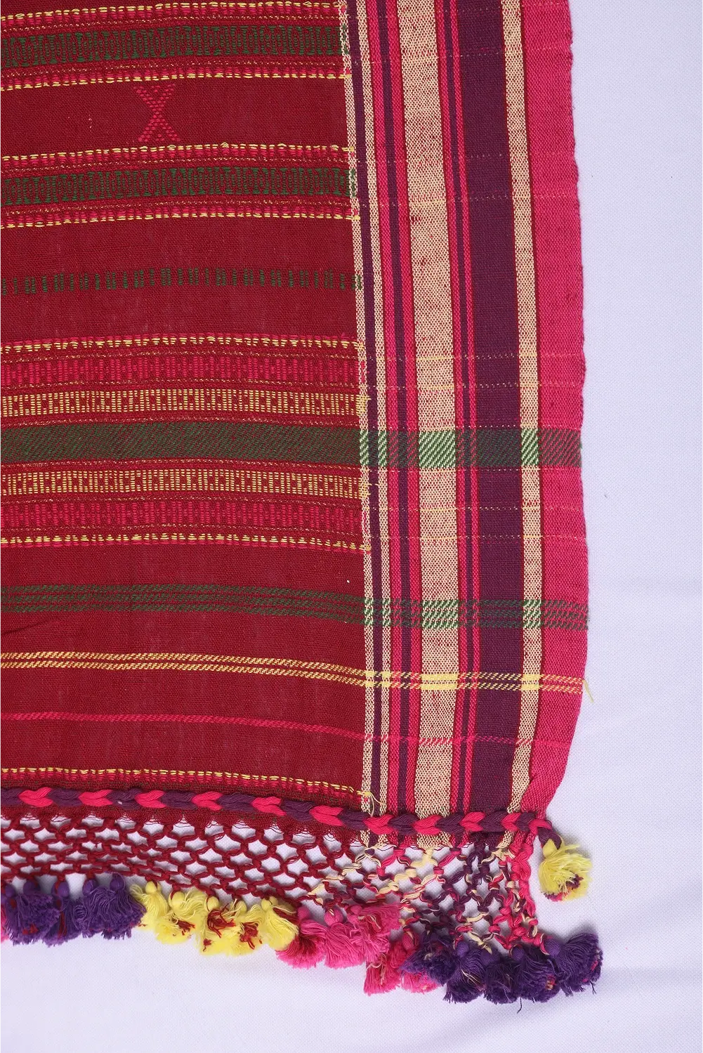 Red with Yellow Bhujodi Saree with Green Highlights – Handwoven in Organic Kala Cotton