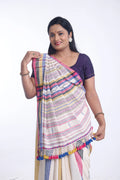 Off White with Blue Bhujodi Saree with Pink Highlights – Handwoven in Organic Kala Cotton