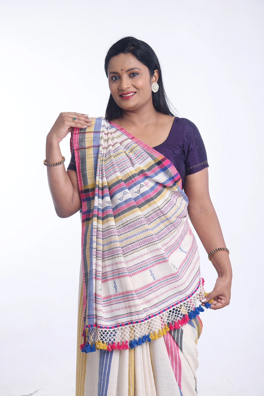 Off White with Blue Bhujodi Saree with Pink Highlights – Handwoven in Organic Kala Cotton