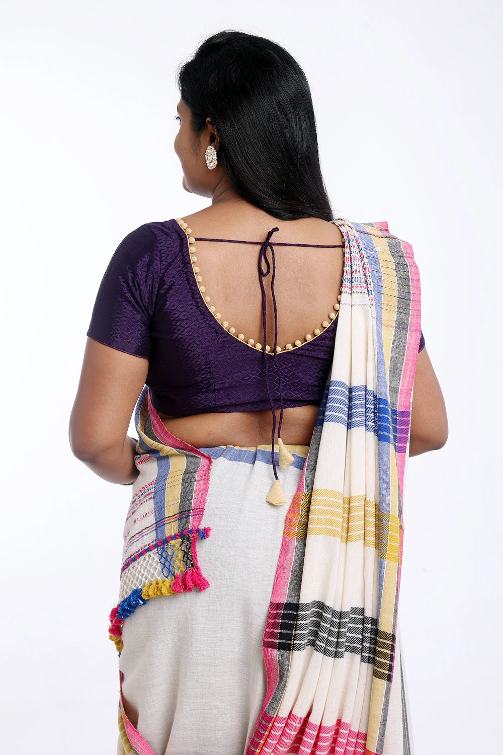 Off White with Blue Bhujodi Saree with Pink Highlights – Handwoven in Organic Kala Cotton
