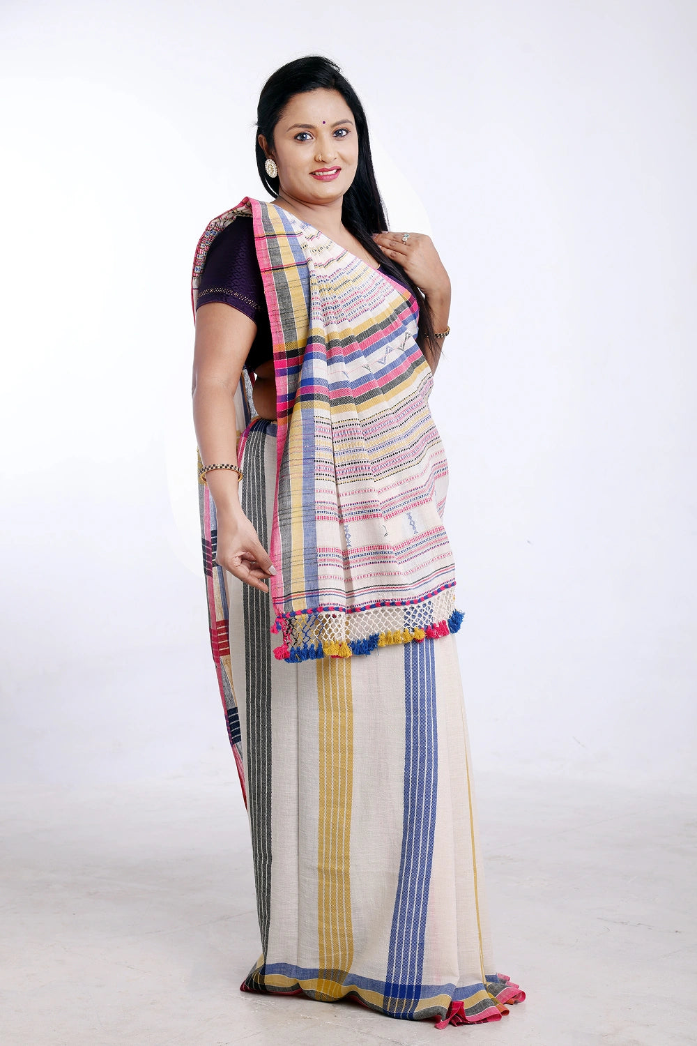 Off White with Blue Bhujodi Saree with Pink Highlights – Handwoven in Organic Kala Cotton