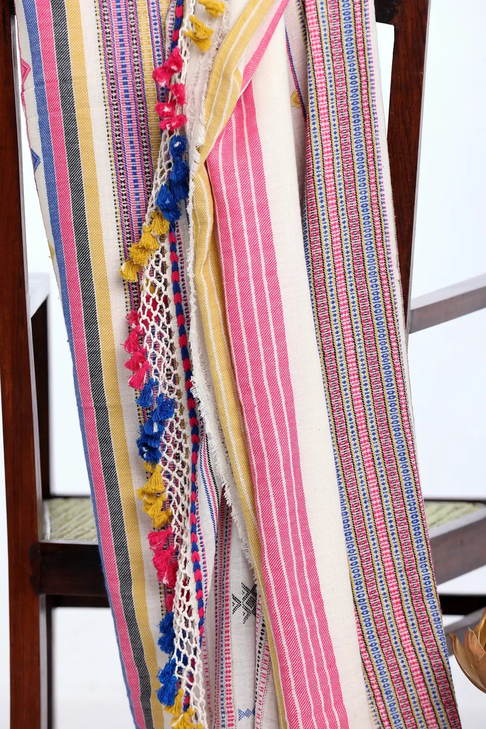 Off White with Blue Bhujodi Saree with Pink Highlights – Handwoven in Organic Kala Cotton