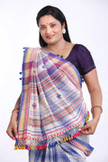 Light Blue with Pink Bhujodi Saree with Yellow Highlights – Handwoven in Organic Kala Cotton