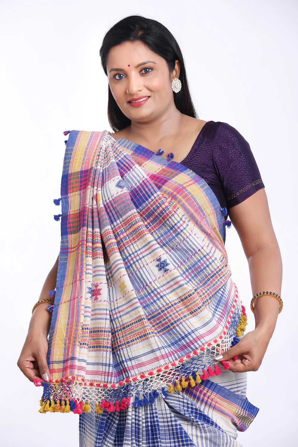 Light Blue with Pink Bhujodi Saree with Yellow Highlights – Handwoven in Organic Kala Cotton