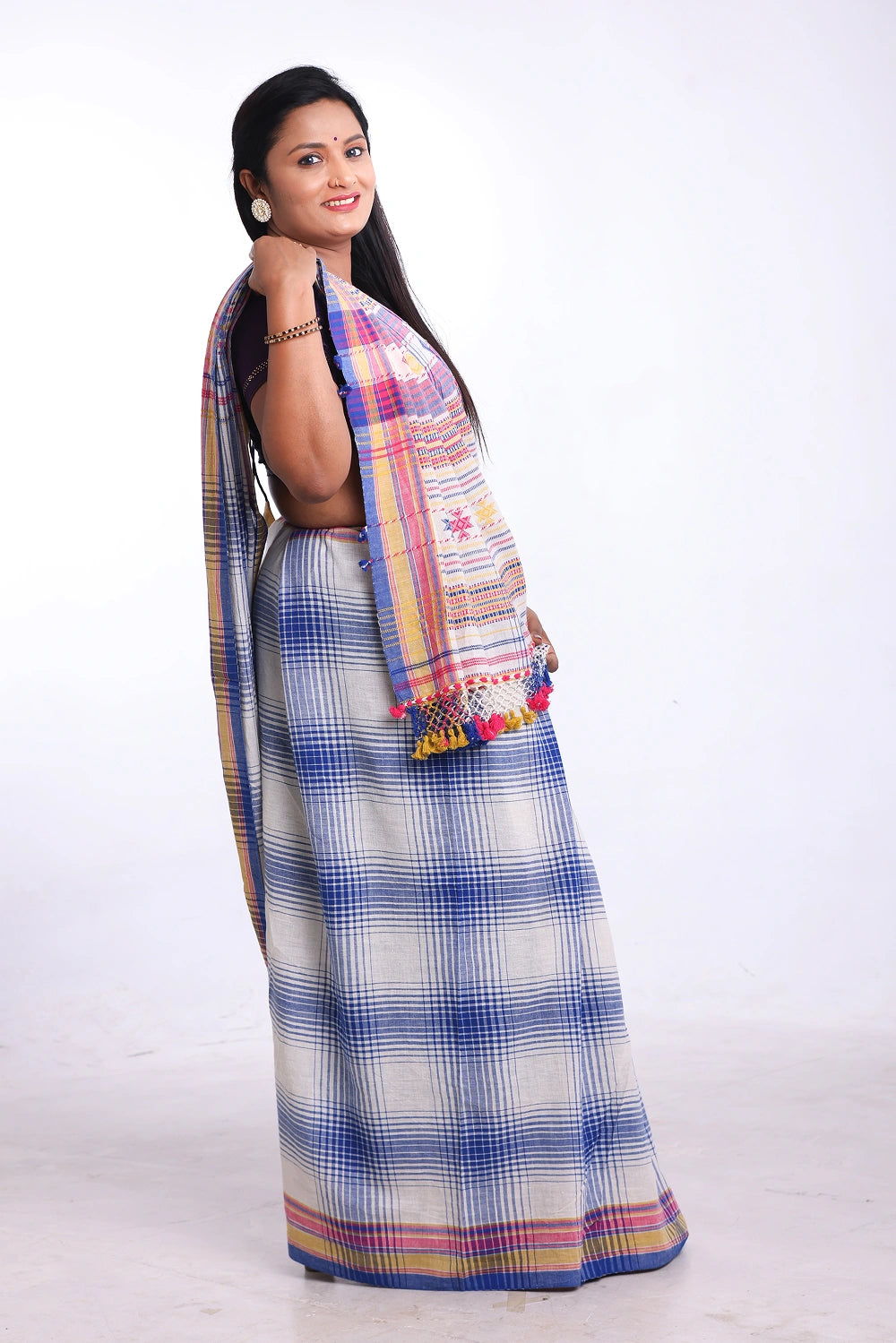 Light Blue with Pink Bhujodi Saree with Yellow Highlights – Handwoven in Organic Kala Cotton