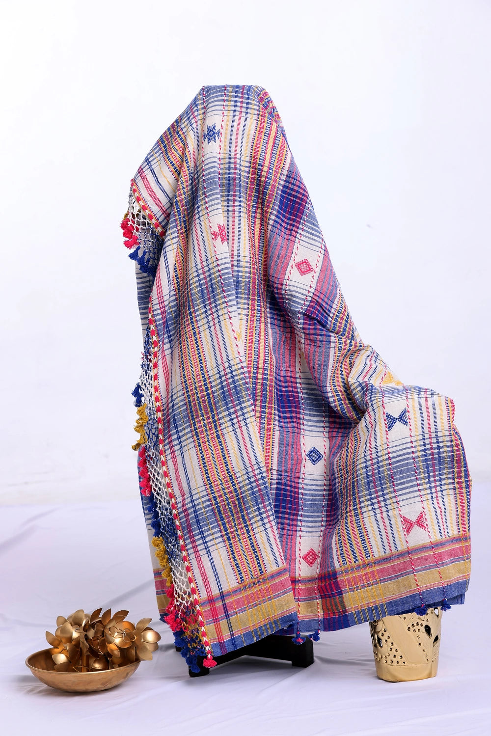 Light Blue with Pink Bhujodi Saree with Yellow Highlights – Handwoven in Organic Kala Cotton