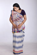 Blue with Yellow Bhujodi Saree with Pink Highlights – Handwoven in Organic Kala Cotton