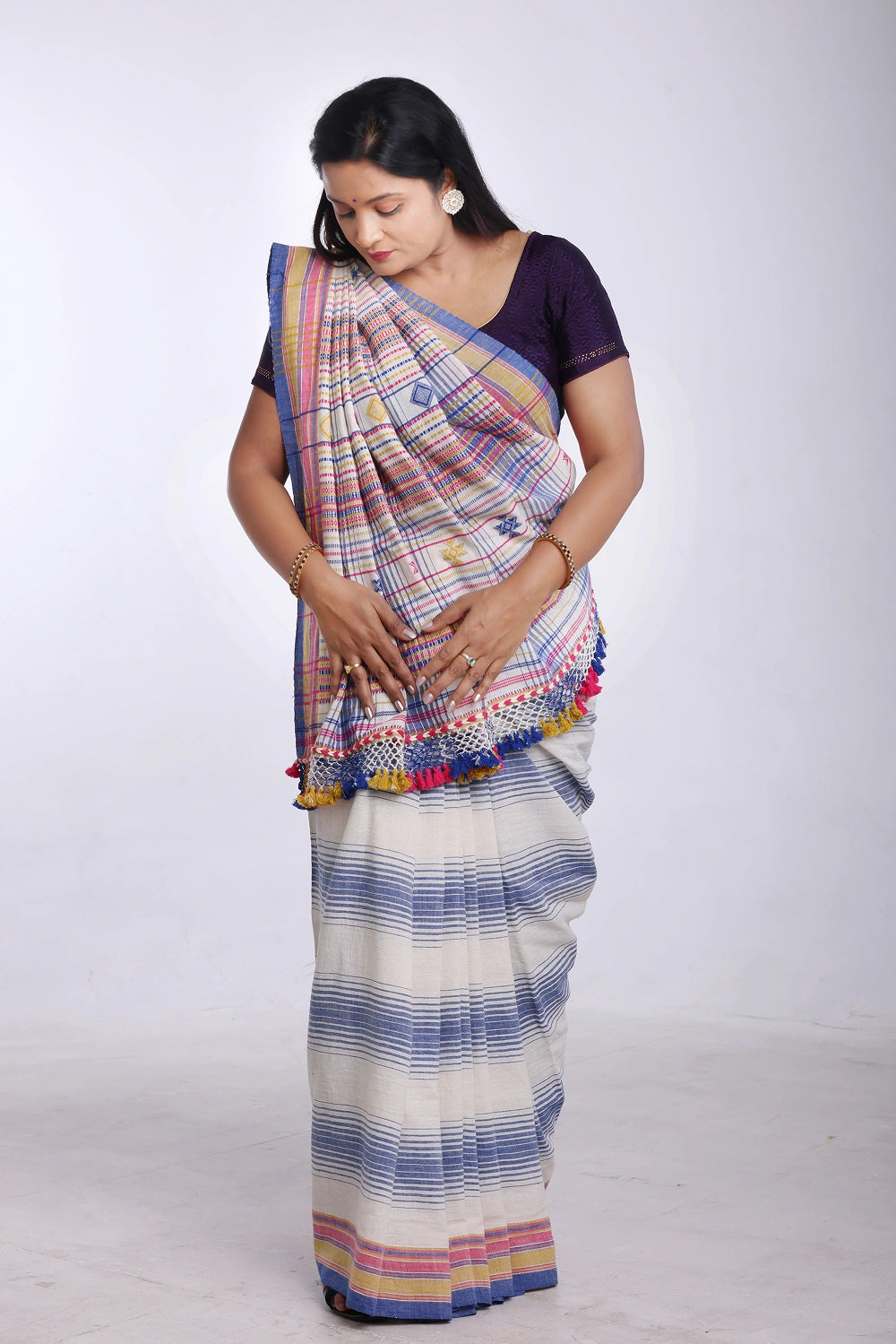 Blue with Yellow Bhujodi Saree with Pink Highlights – Handwoven in Organic Kala Cotton