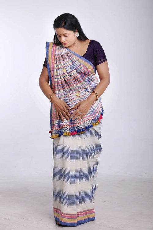 Blue with Yellow Bhujodi Saree with Pink Highlights – Handwoven in Organic Kala Cotton