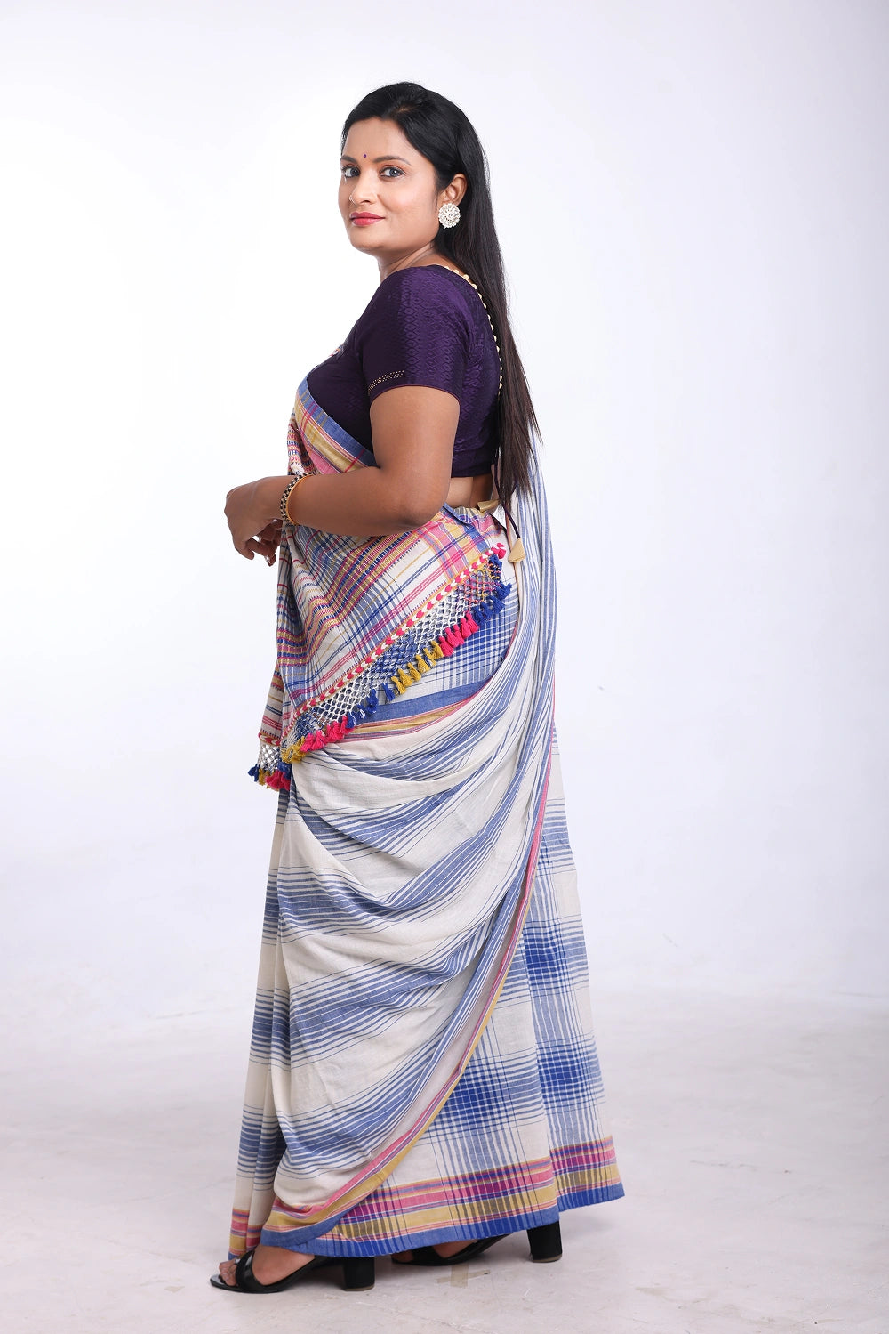 Blue with Yellow Bhujodi Saree with Pink Highlights – Handwoven in Organic Kala Cotton