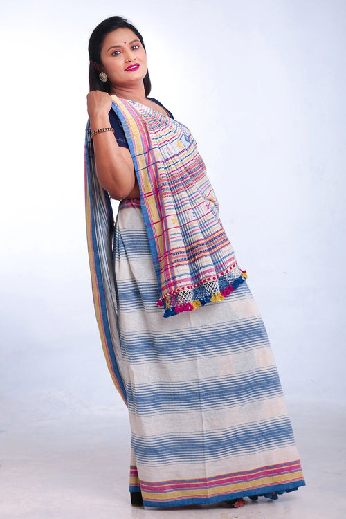 Blue with Yellow Bhujodi Saree with Pink Highlights – Handwoven in Organic Kala Cotton