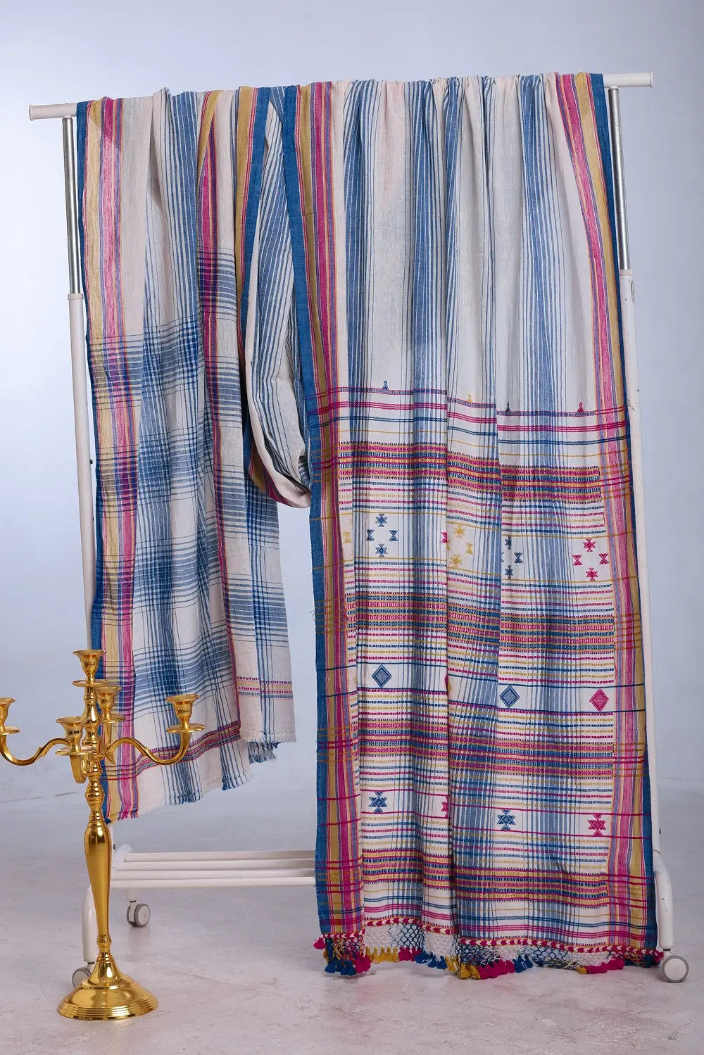 Blue with Yellow Bhujodi Saree with Pink Highlights – Handwoven in Organic Kala Cotton