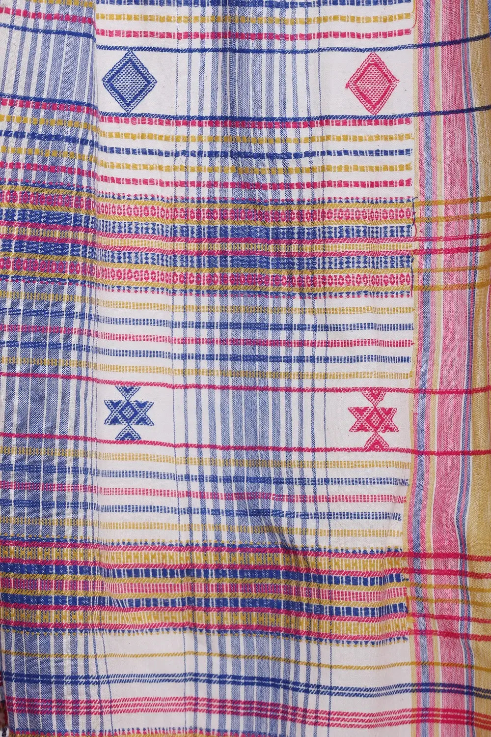Blue with Yellow Bhujodi Saree with Pink Highlights – Handwoven in Organic Kala Cotton