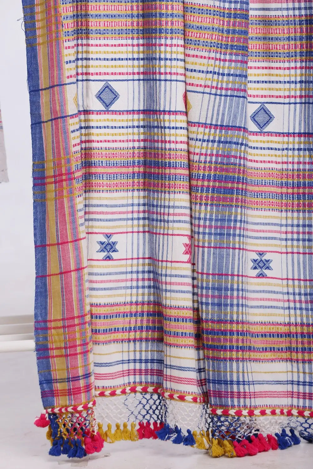 Blue with Yellow Bhujodi Saree with Pink Highlights – Handwoven in Organic Kala Cotton