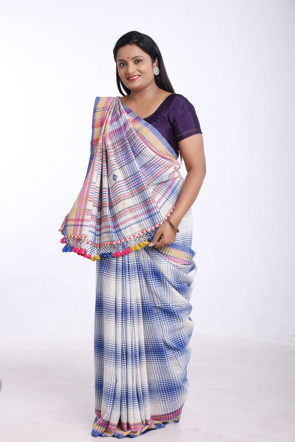 Blue with Pink Bhujodi Saree with Yellow Highlights – Handwoven in Organic Kala Cotton