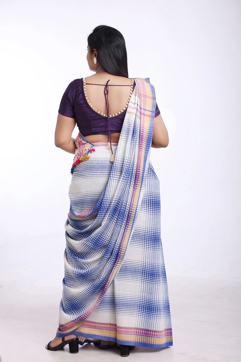 Blue with Pink Bhujodi Saree with Yellow Highlights – Handwoven in Organic Kala Cotton