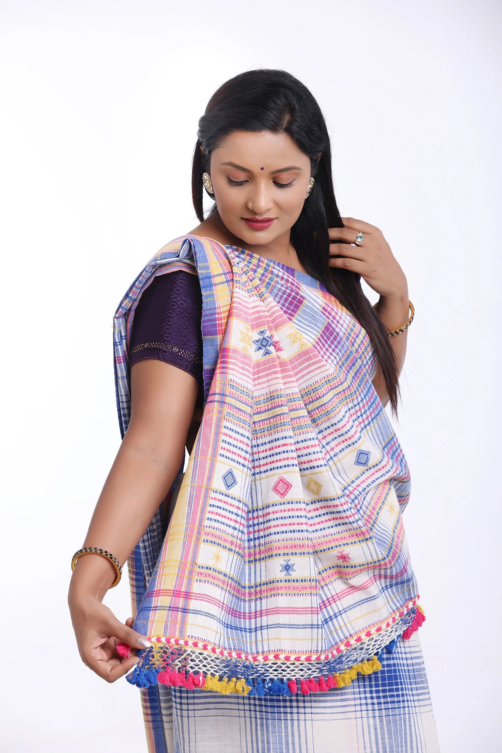 Blue with Pink Bhujodi Saree with Yellow Highlights – Handwoven in Organic Kala Cotton