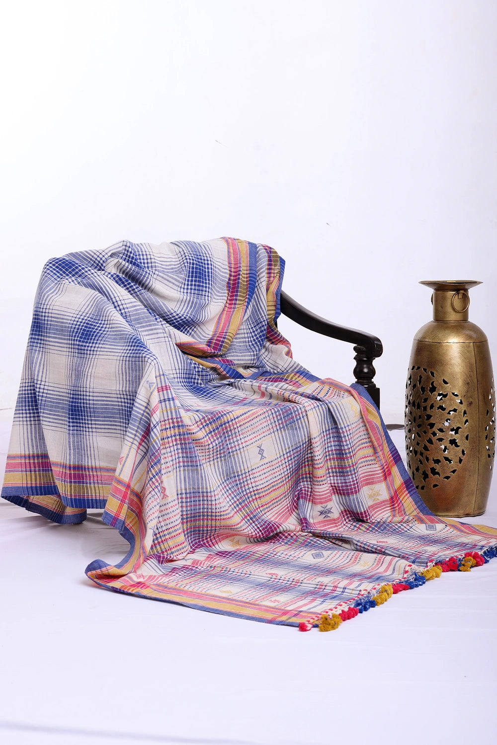 Blue with Pink Bhujodi Saree with Yellow Highlights – Handwoven in Organic Kala Cotton