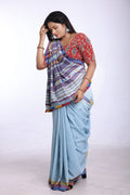 Light Blue with Maroon Bhujodi Saree with Yellow Highlights – Handwoven in Organic Kala Cotton