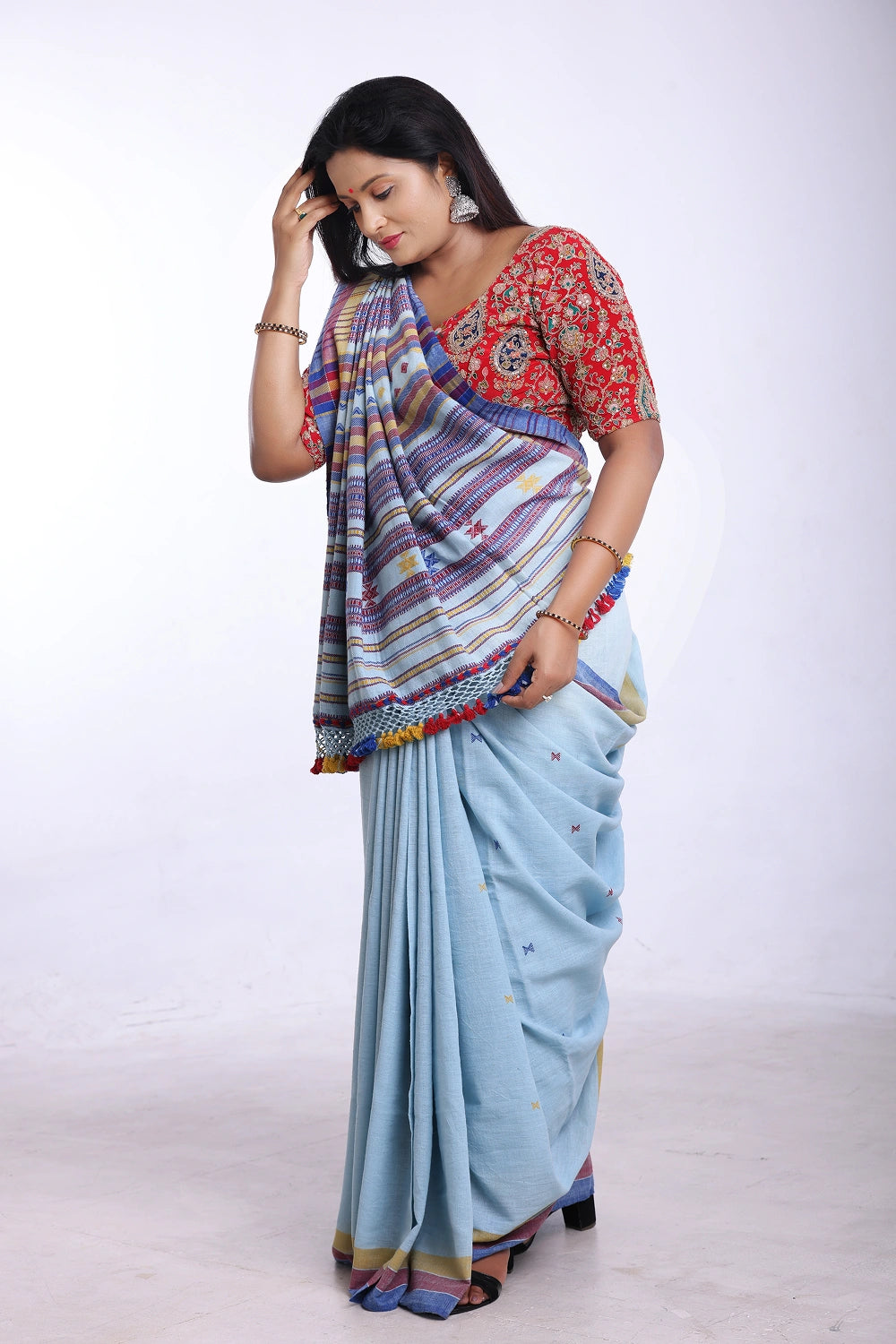 Light Blue with Maroon Bhujodi Saree with Yellow Highlights – Handwoven in Organic Kala Cotton
