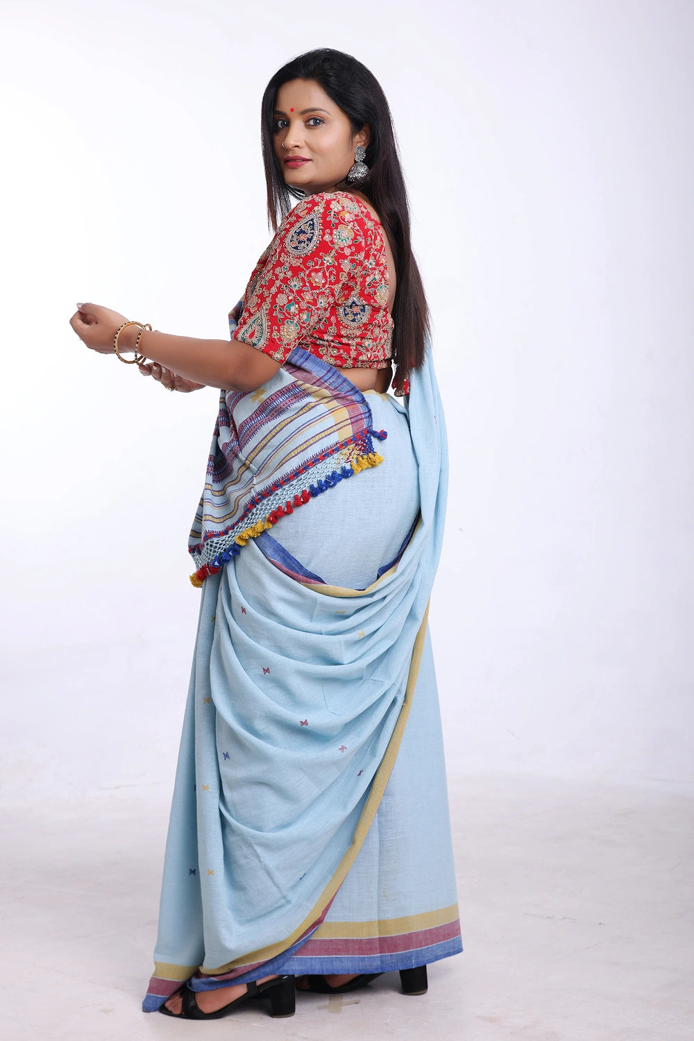 Light Blue with Maroon Bhujodi Saree with Yellow Highlights – Handwoven in Organic Kala Cotton