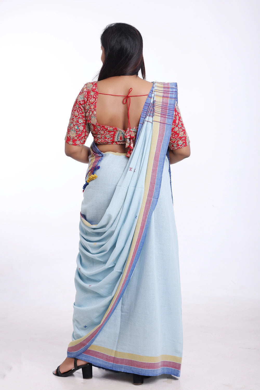 Light Blue with Maroon Bhujodi Saree with Yellow Highlights – Handwoven in Organic Kala Cotton