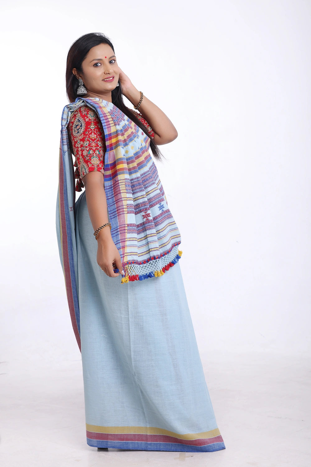 Light Blue with Maroon Bhujodi Saree with Yellow Highlights – Handwoven in Organic Kala Cotton